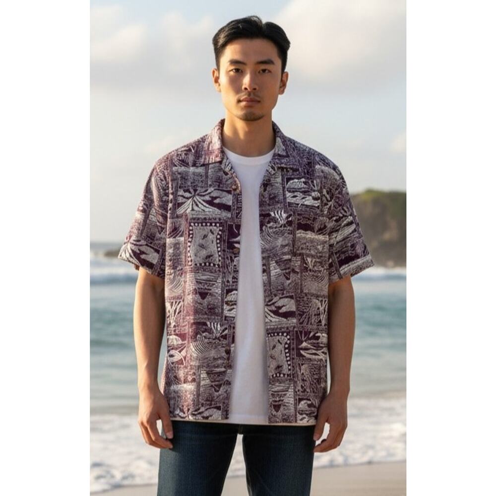 Cooke Street Men's XXL Hawaiian Islands Purple & White Graphic Button-Up N0494